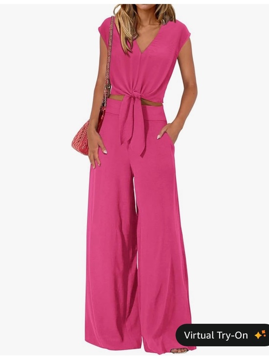 PrettyGarden Pants - Women’s Pink Wide-Leg Pant suit with Tie Front